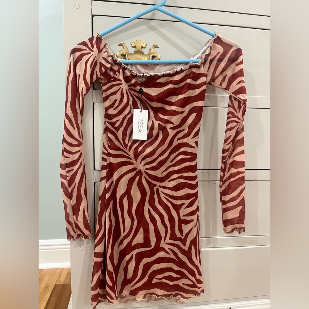 RESA Long Sleeve Brick Red and Cream Zebra Dress